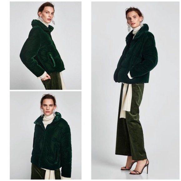 Zara Green Quilted Velvet Padded Puffer 